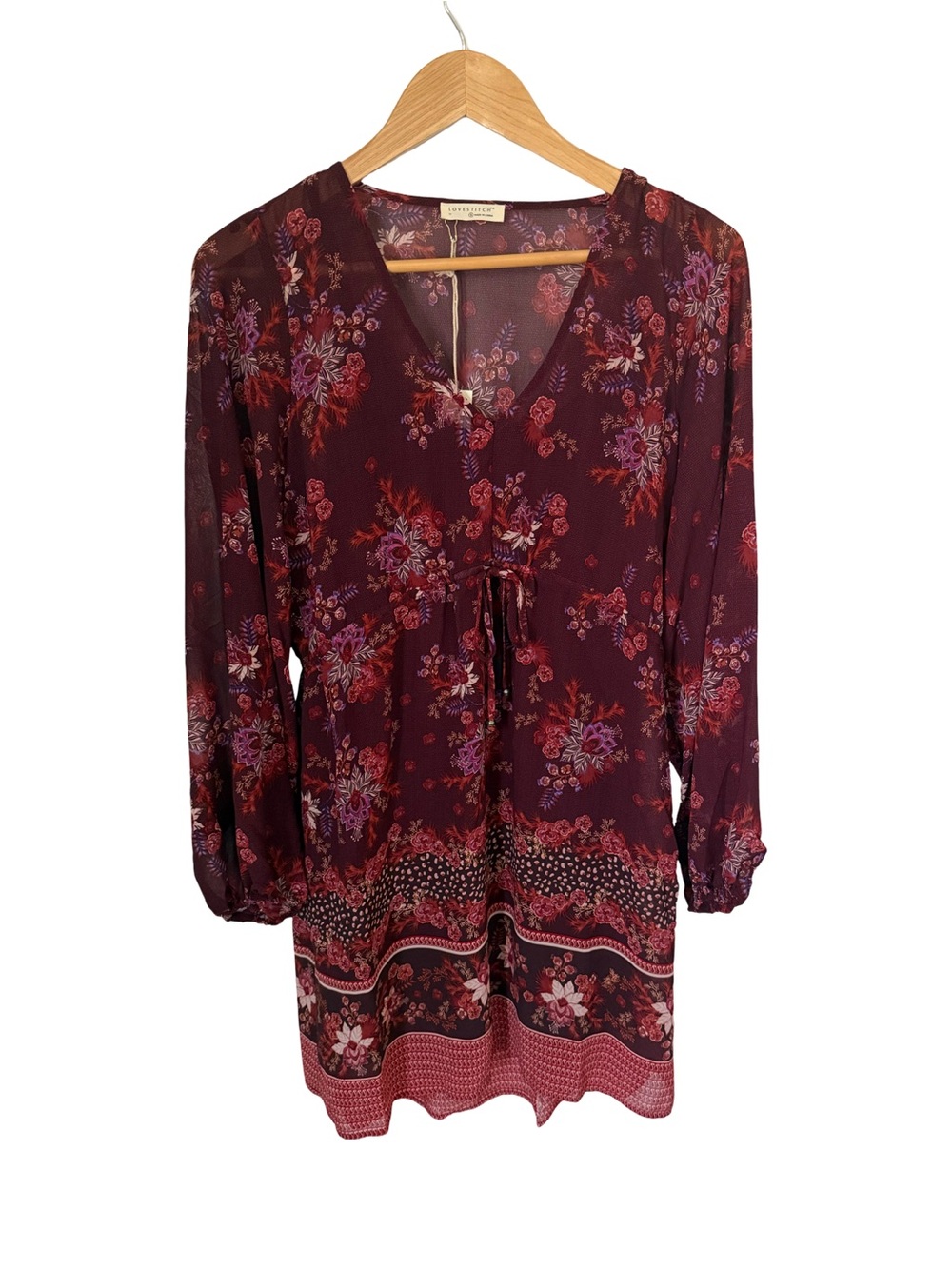 Lovestitch Burgundy Bohemian Floral Mini Dress NWT Size S